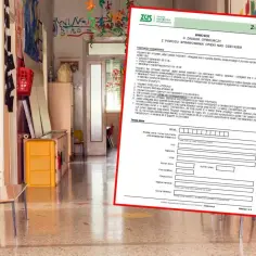Formularz wniosku o zasiłek opiekuńczy na tle korytarza przedszkolnego.