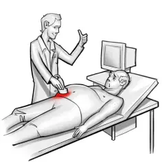 Lekarz wykonuje USG brzucha, by przeprowadzić test na zapalenie wyrostka robaczkowego. Pacjent wygląda na zaniepokojonego.