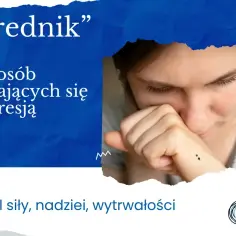 Kobieta z symbolem średnika na nadgarstku, tekst "Średnik" i "znak osób zmagających się z depresją".