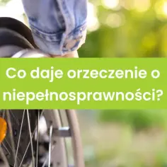 Osoba na wózku inwalidzkim. Tekst: "Co daje orzeczenie o niepełnosprawności?". Dowiedz się, na jakie choroby można dostać orzeczenie o niepełnosprawności.