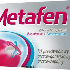 Opakowanie Metafen, leku przeciwbólowego z ibuprofenem i paracetamolem. Skuteczny w walce z bólem, gorączką i stanami zapalnymi.