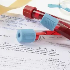 Wyniki badania krwi, probówki z krwią i dokumentacja medyczna. Badanie CRP jest kluczowe dla oceny stanu zapalnego.