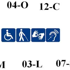 Ikony symbolizujące niepełnosprawność: wózek, niewidomy, migowy, słuch.