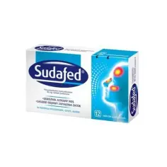 Opakowanie leku Sudafed z pseudoefedryną, łagodzącego objawy zatkanego nosa i zapalenia zatok.