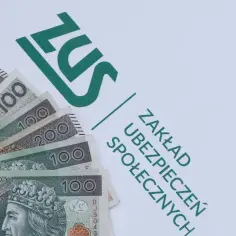 Polskie banknoty 100 i 200 zł na tle logo ZUS.