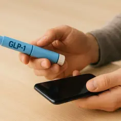 Ręce trzymające wstrzykiwacz GLP-1 i smartfon. Wiele osób szuka glp 1 opinie, by dowiedzieć się więcej o leczeniu.