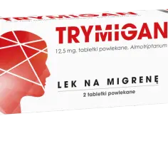 Opakowanie leku Trymigran, tabletki na migrenę bez recepty, z wizerunkiem głowy i czerwonymi liniami.
