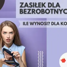 Przerażona kobieta pokazuje pusty portfel na tle napisu "Zasiłek dla bezrobotnych".