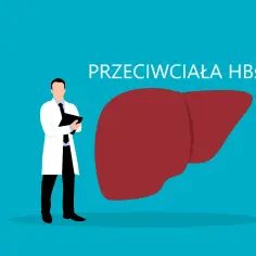 Lekarz analizuje wyniki badania przeciwciał HBs. Grafika przedstawia wątrobę i lekarza w białym fartuchu.