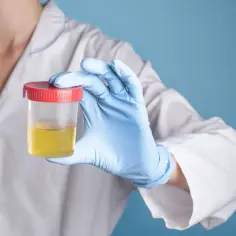Ręka w niebieskiej rękawiczce trzyma pojemnik z żółtym moczem, w którym mogą być widoczne nabłonki płaskie.