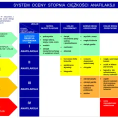 Tabela oceny ciężkości anafilaksji, wskazująca objawy i zalecenia podania adrenaliny. Wskazuje na rolę tryptazy w reakcjach alergicznych.