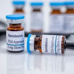 Fiolki z lekiem remdesivir, zatwierdzonym przez FDA, leżą obok stetoskopu.