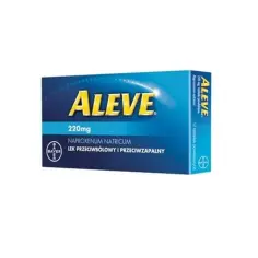 Opakowanie leku OTC Aleve z naproksenem sodu, 220mg, 12 tabletek powlekanych. Bayer.