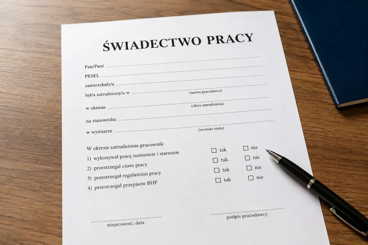 Świadectwo pracy, dokument kluczowy dla stażu pracy a emerytury, leży na drewnianym biurku obok długopisu i notatnika.