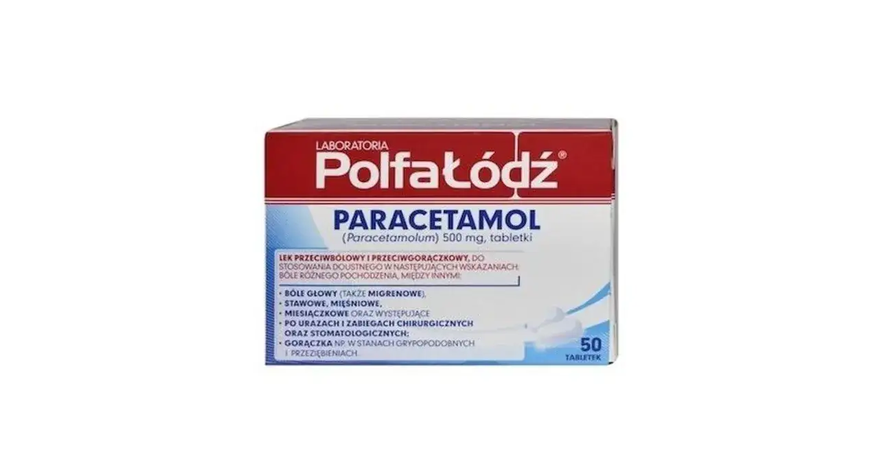 Opakowanie leku PolfaŁódź Paracetamol 500 mg, 50 tabletek. Pomaga na bóle głowy, stawowe, mięśniowe, gorączkę.