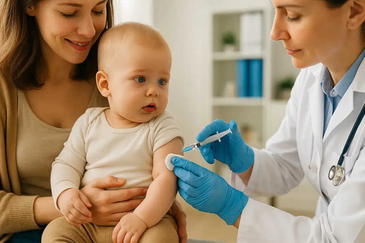 Mama trzyma dziecko, które otrzymuje szczepienie. Lekarka w rękawiczkach podaje zastrzyk. Beyfortus chroni malucha.