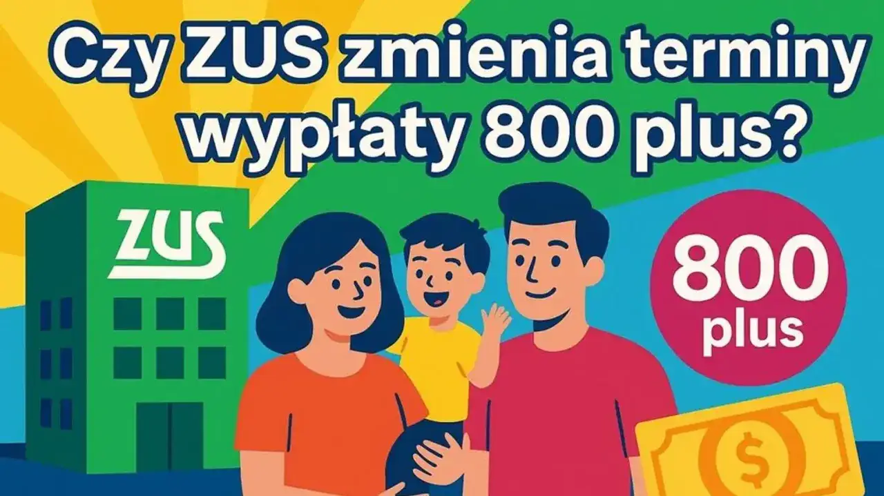 Rodzina przed budynkiem ZUS, obok symbol 800 plus. Czy ZUS zmienia terminy wypłaty 800 plus?