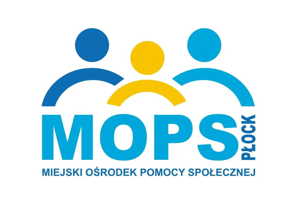 Logo MOPS Płock. Trzy stylizowane postacie symbolizują wsparcie dla osób z umiarkowanym stopniem niepełnosprawności.