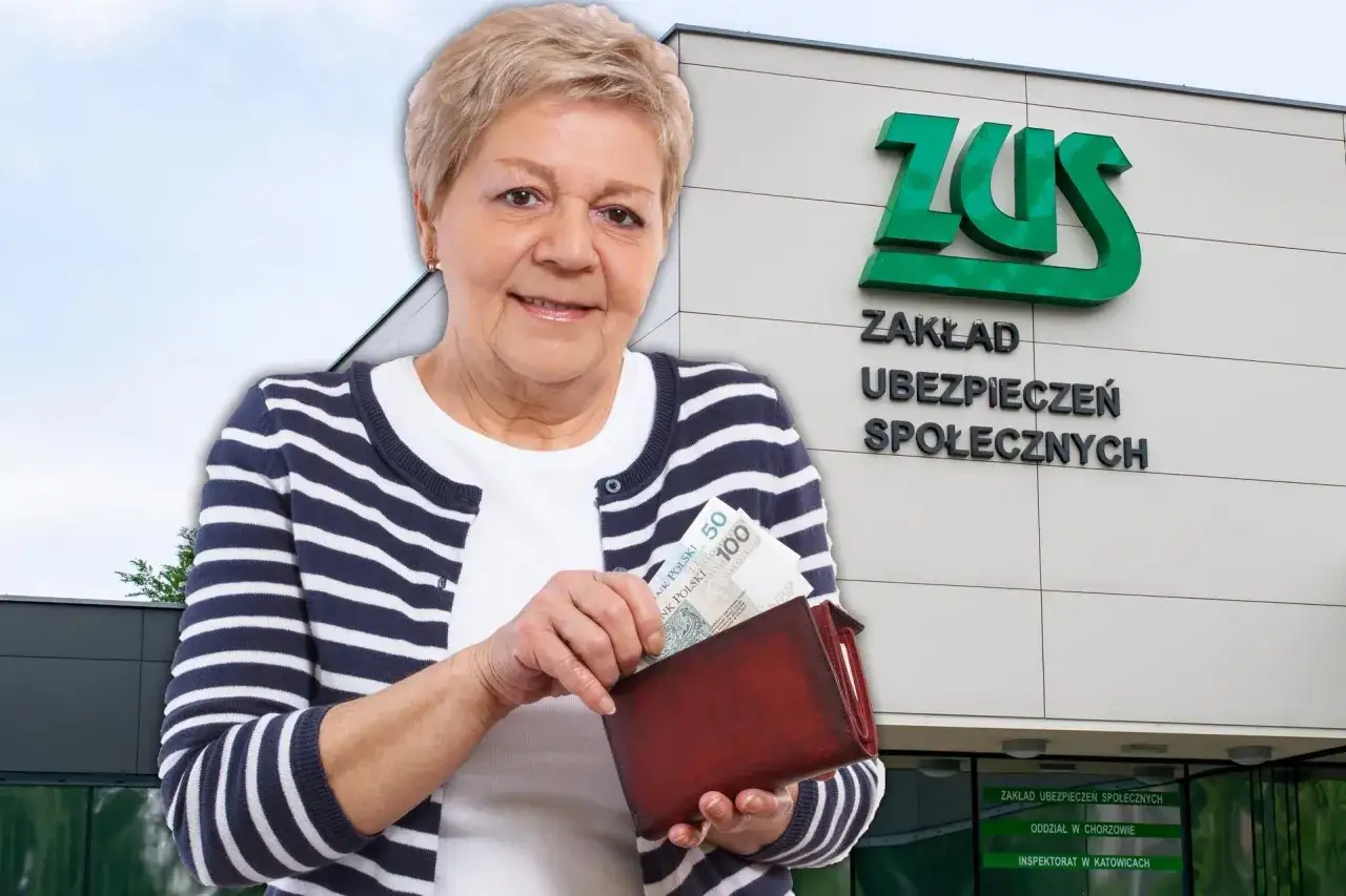 Starsza pani z portfelem pełnym pieniędzy przed budynkiem ZUS. Zastanawia się, ile można dorobić do renty.