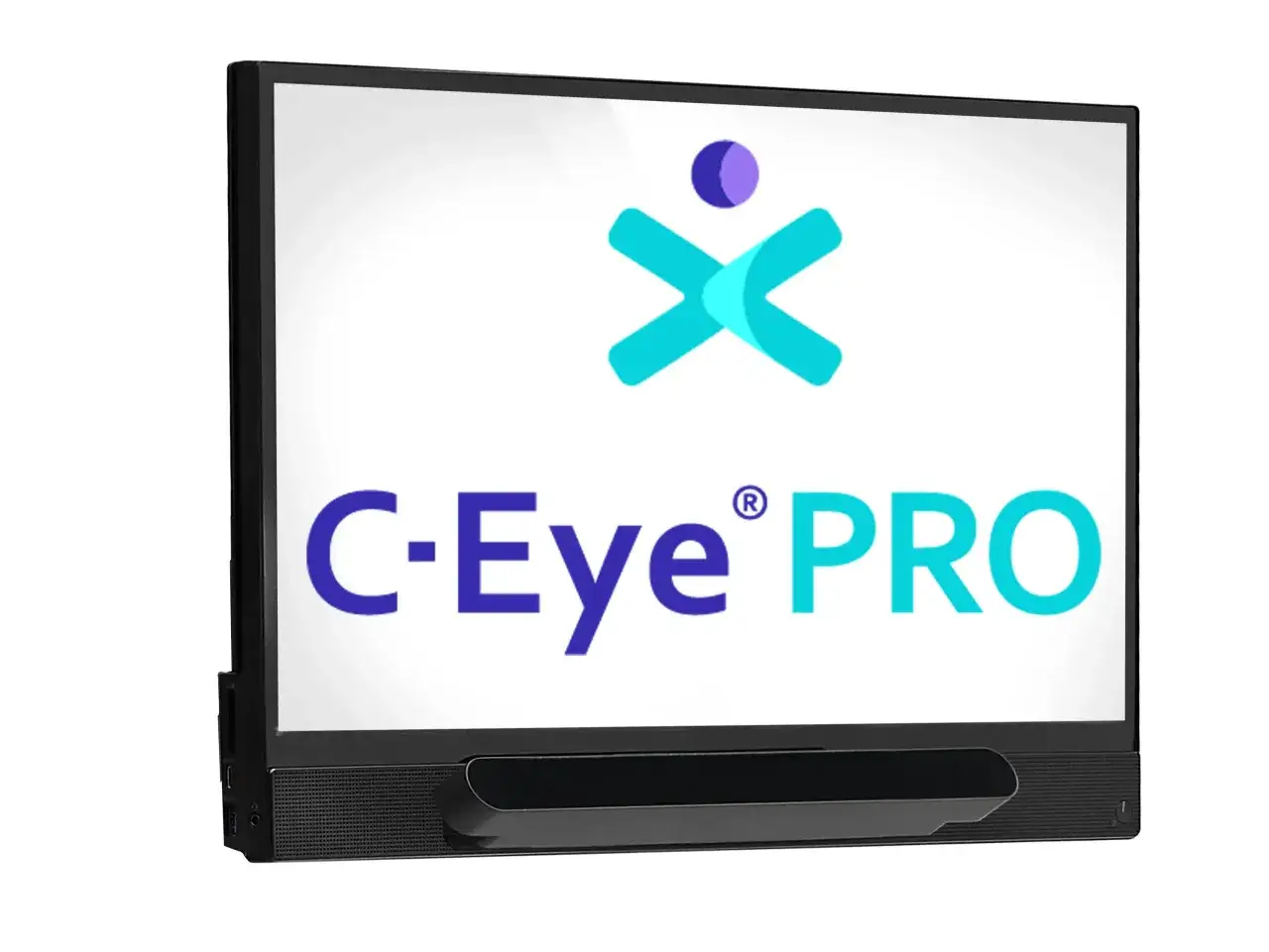 Monitor z logo C-Eye PRO. To zaawansowane cyber oko, które śledzi ruchy gałek ocznych, umożliwiając sterowanie komputerem.
